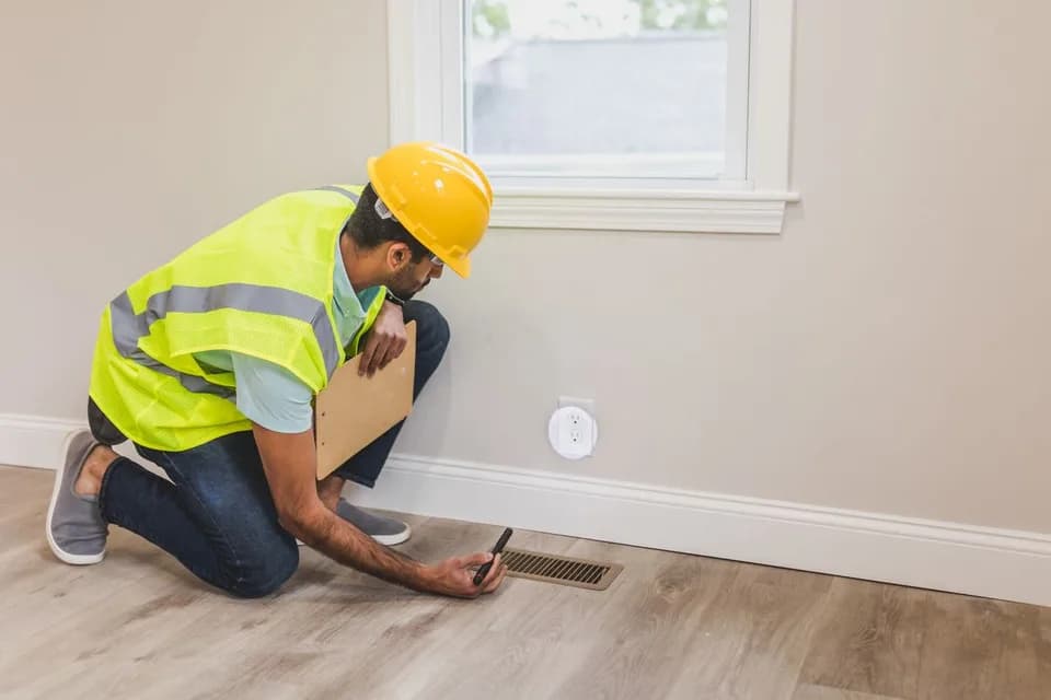 Property inspector checking finishes during a snagging inspection in Jumeirah Lake Towers (JLT)