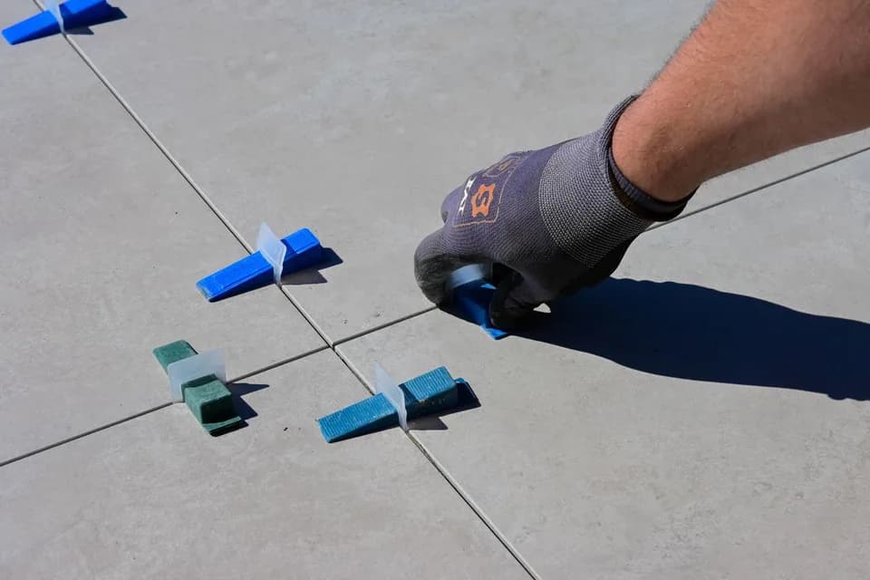 Floor tiling with levelling spacers being installed in Jumeirah Lake Towers (JLT), UAE
